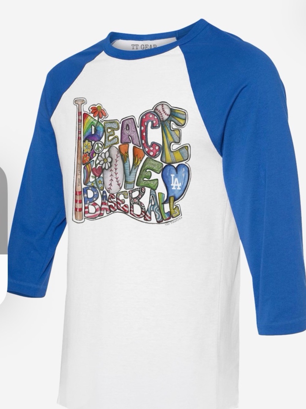 Dodgers Tiny Turnip 'Peace Love Baseball' Raglan Tee - Blue & White‎